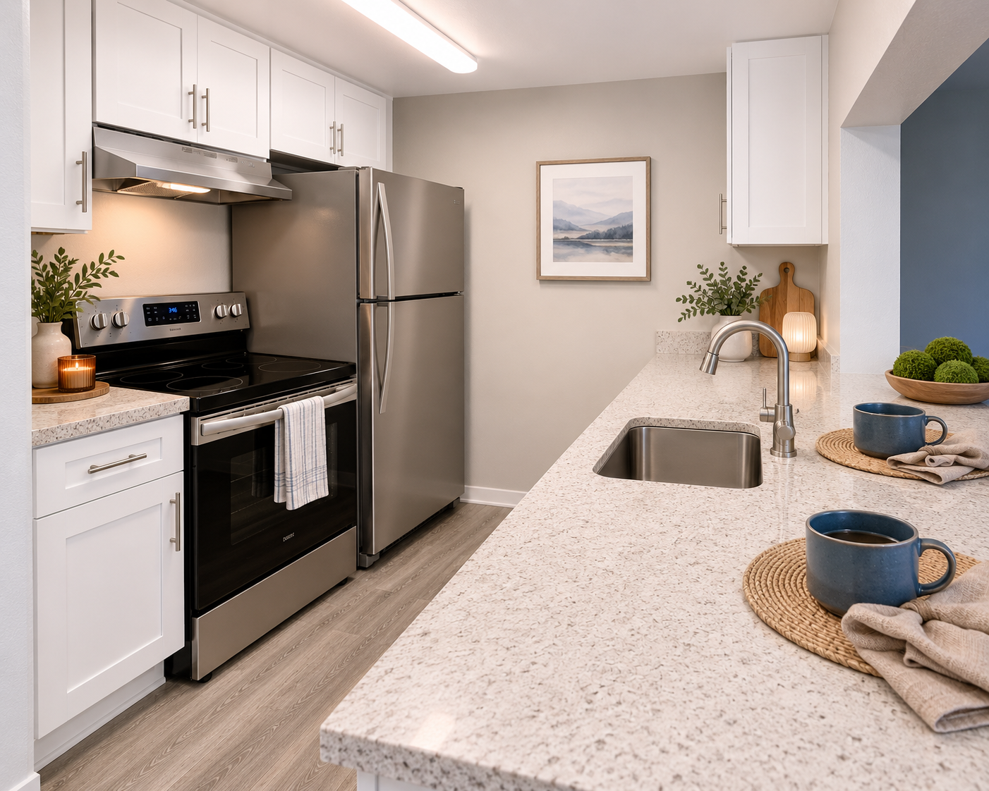 Modern kitchen with white cabinets, stainless steel appliances, and a double sink on a granite countertop.