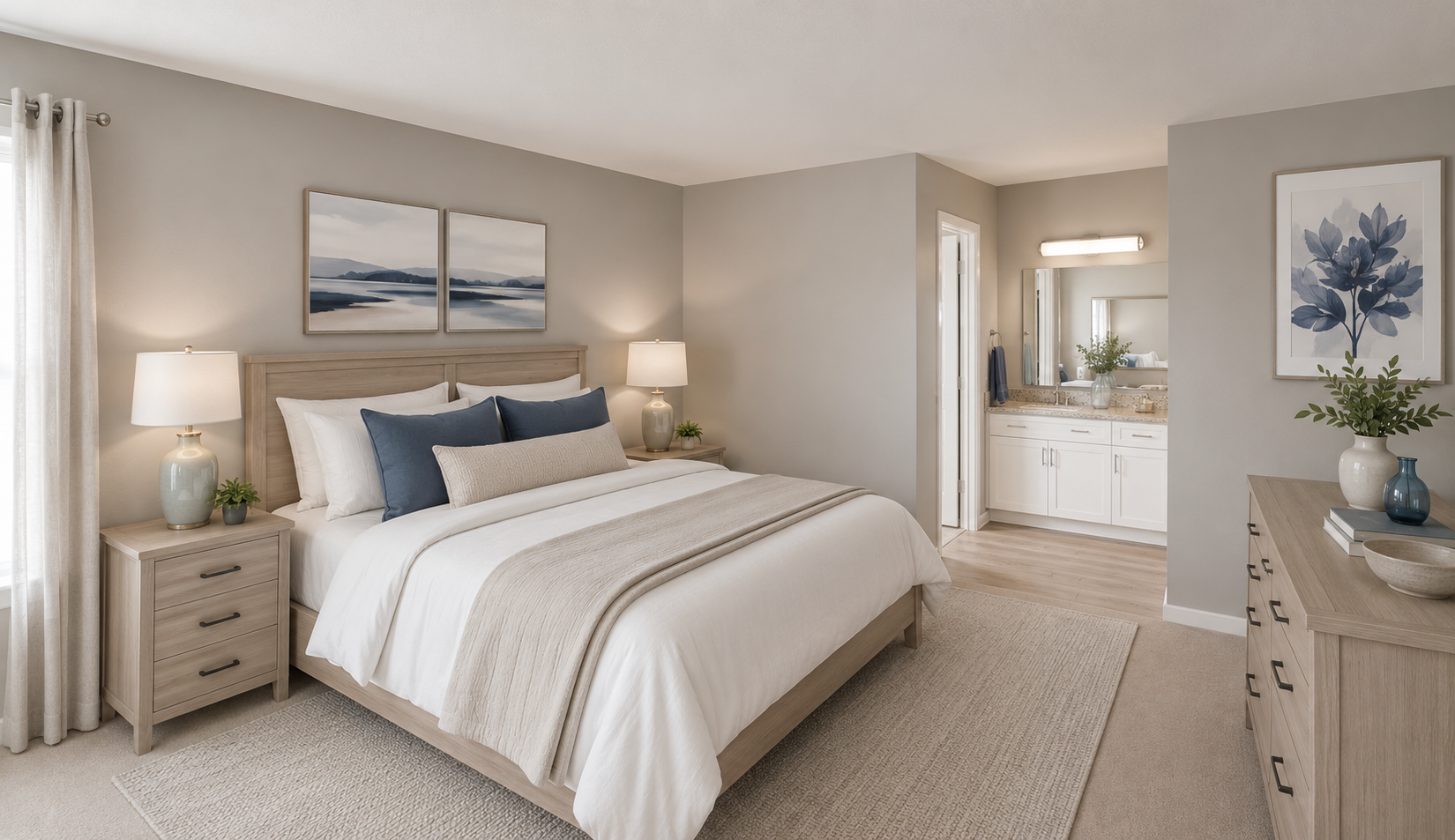 Modern bedroom with neutral tones, wooden furniture, and an attached bathroom with a large mirror.