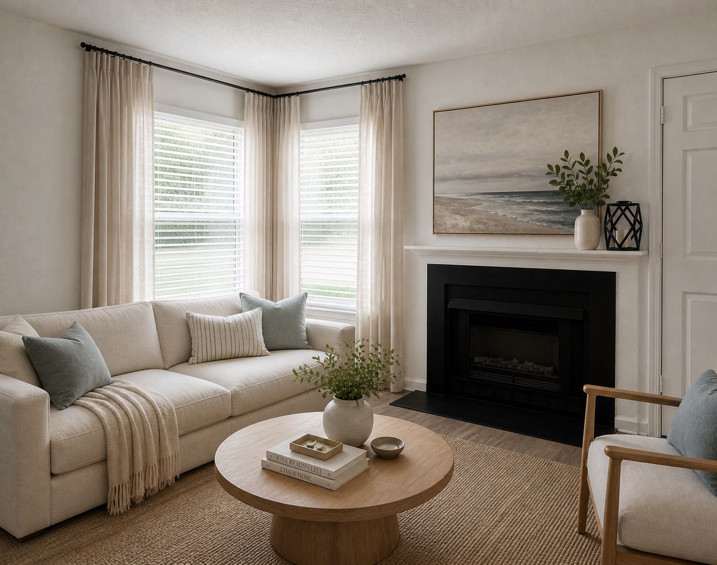 Modern living room with a beige sofa, round wooden coffee table, fireplace, and large window with sheer curtains.