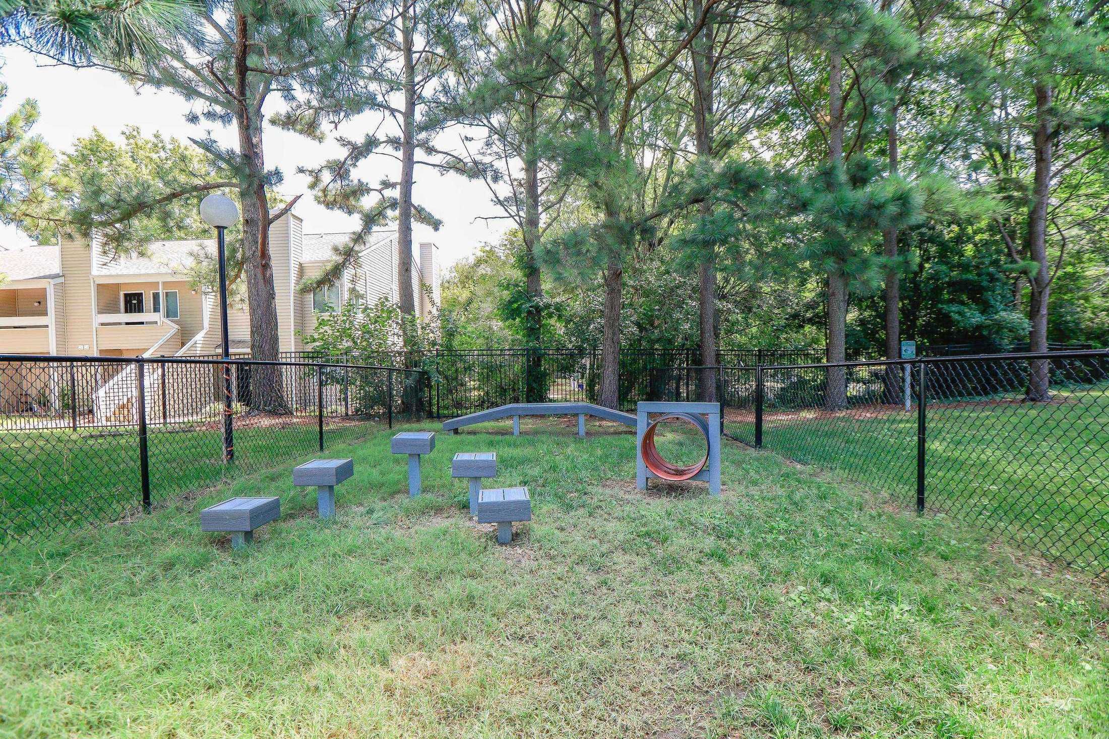 Fenced outdoor dog park with agility equipment, including steps, a ramp, and a tunnel, surrounded by trees.